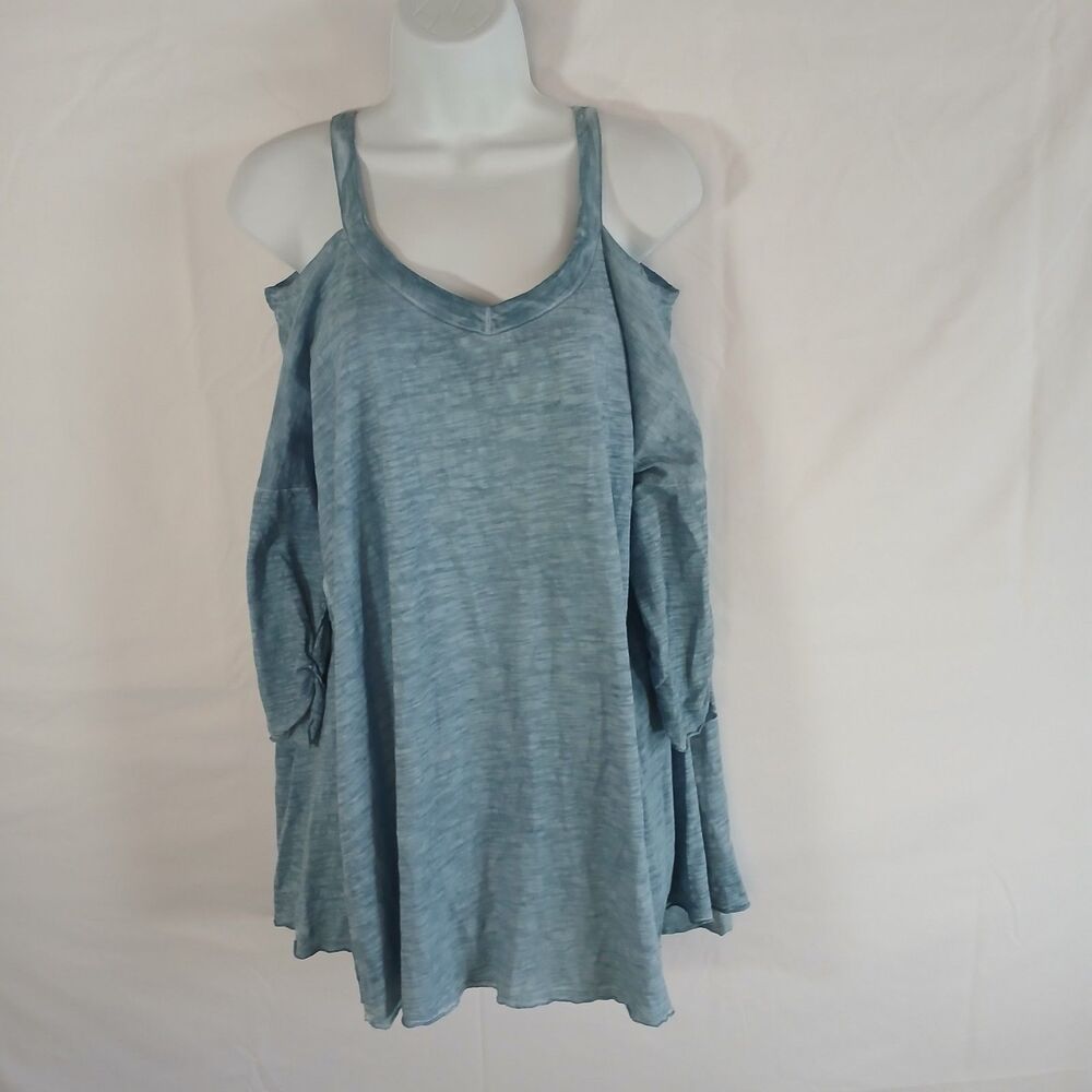 Umgee top blue v neck cold shoulder ruched 3/4 sleeves NWT sz L casual work